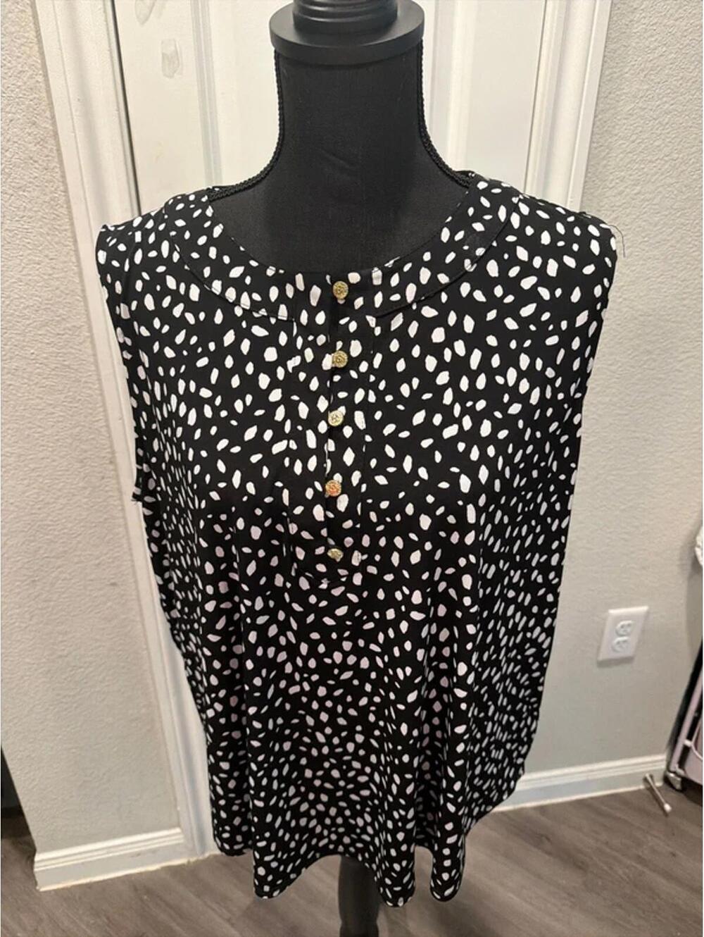 Anne Klein Sleeveless Black and White Polka Dot Blouse XL